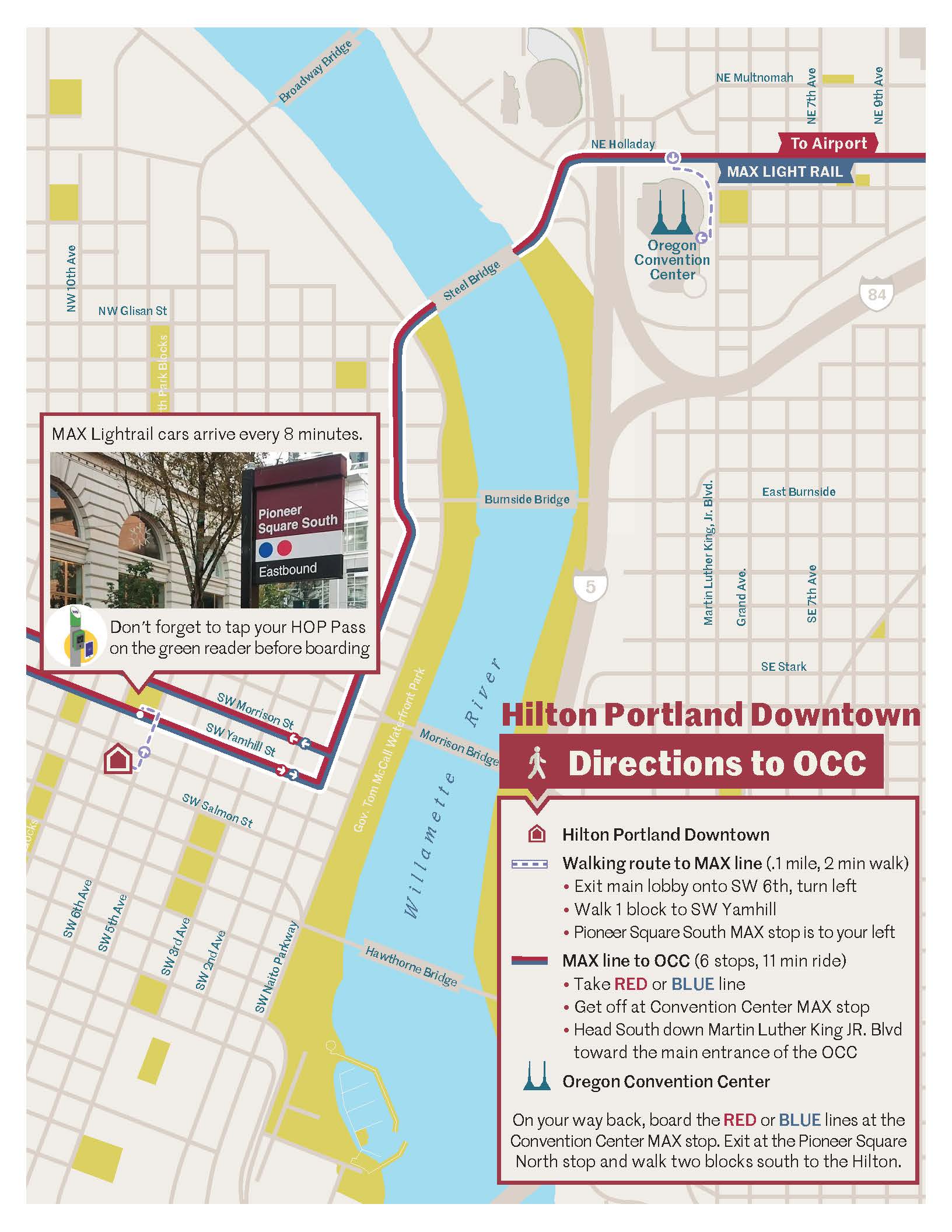 Map shows how to get from the Hilton to the Oregon Convention Center using the light rail system called MAX.