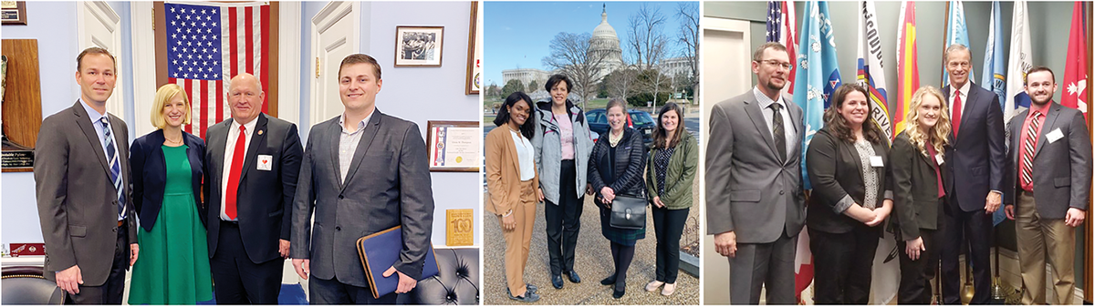 Left: Pennsylvania CCA Eric Rosenbaum, CPSS Tracey Olexa, Rep. GT Thompson (PA), and Oklahoma State University student Ryan Bryant-Schlobohm. Middle: Tuskegee University student Adrianne Brown, North Carolina State University student Janel Ohletz, and Beth Guertal (past president of CSSA) and Audrey Gamble (CCA) of Auburn University. Right: Montana CCA Matthew Walker; ASA, CSSA, and SSSA staff member Katie Reiels; and South Dakota State University students Kyla Dendinger and Cole Berkley with Sen. John Thun