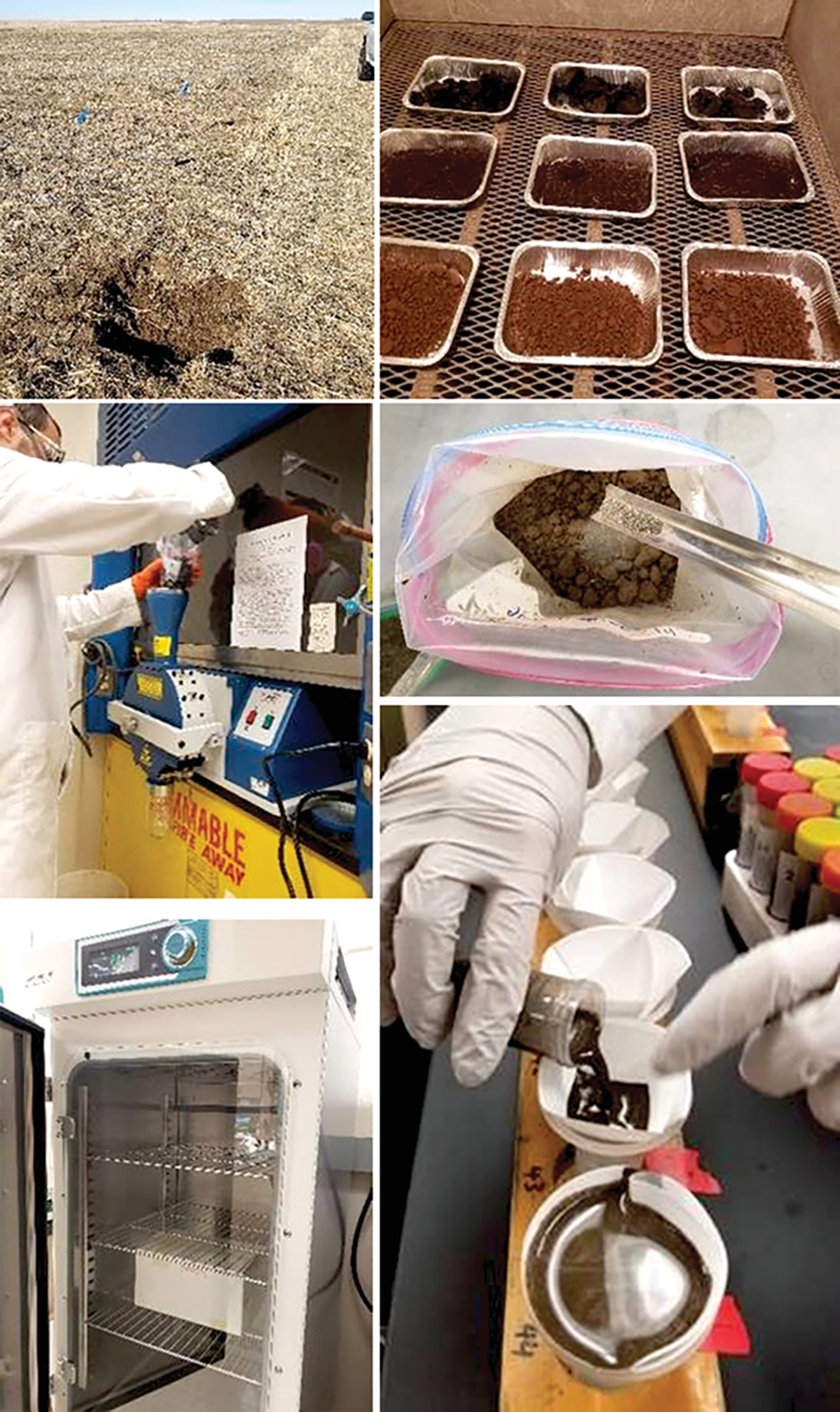 Clockwise from top: collecting a Walla Walla silt loam soil, removing moisture from biosolid samples in a drying oven, mixing biosolids with soil for incubation, extracting sulfate with calcium phosphate, incubating biosolid-treated soils, and grinding biosolids with a Wiley mill.