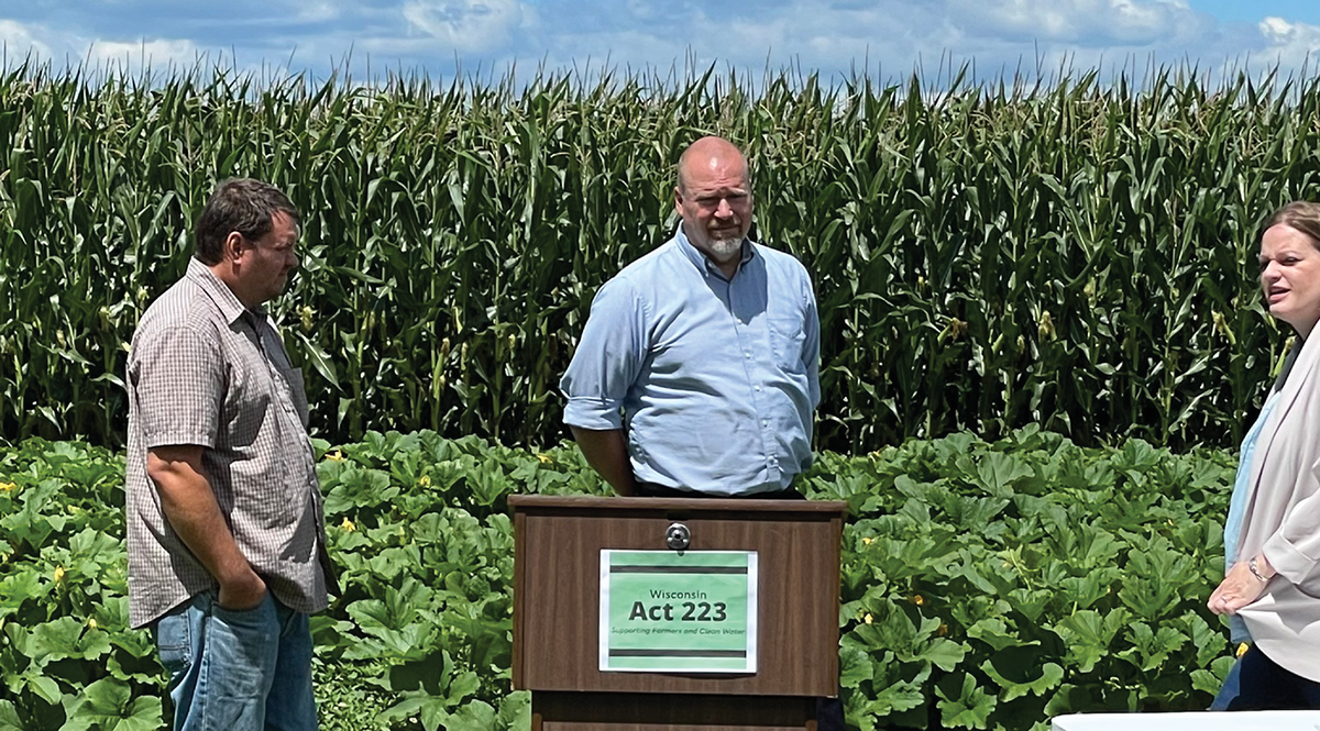 Wisconsin Department of Agriculture, Trade, and Consumer Protection Secretary Randy Romanski spoke to local farmers and water advocates in celebration of Wisconsin Act 223 at Feltz Family Farms. Rachel Owen, Science Policy Manager for ASA, CSSA, SSSA, and ICCA, was in attendance.