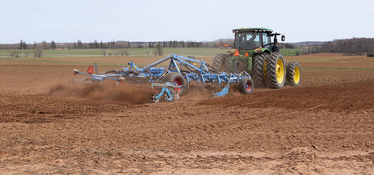 With non-inversion shallow (vertical) tillage, the implements till less deeply than the plow, mixing the top 6 to 8 inches of soil rather than inverting it. Photo is courtesy of the Prince Edward Island Potato Board.