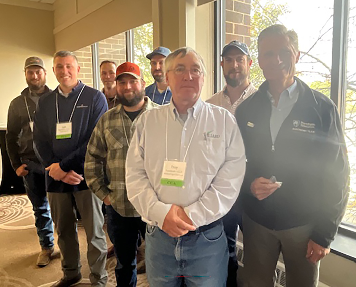 During the annual training of the Pennsylvania (Keystone) Chapter of the Certified Crop Adviser program in October, CCAs were recognized for their years of certification. Back row, l to r: Eric Klopp (5 years), Eric Rosenbaum (5 years), Christopher Boaz (10 years), Tim Hushon (10 years), and Sjoerd Duiker (20 years). Front row, l to r: Lyle Stephens (5 years), Kody Umble (5 years), and Troy Vanderau (20 years).