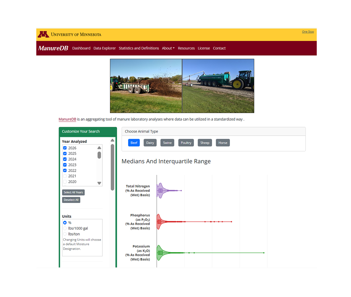 Screenshot of the ManureDB website.