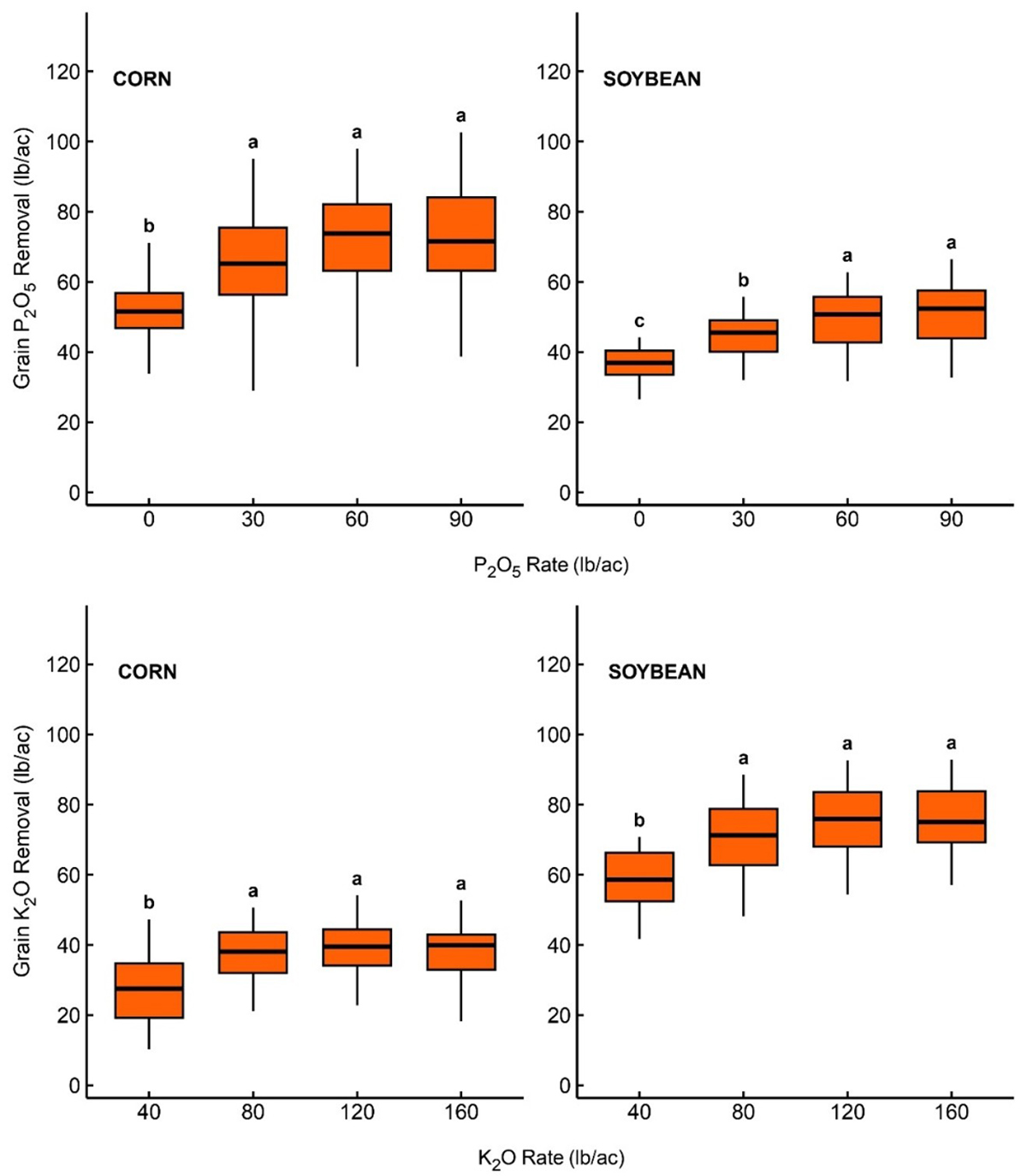 Figure 3. Grain P<sub>2</sub>O<sub>5</sub> and K<sub>2</sub>O removal (lb/ac) for corn and soybean across fertilizer rates. Different letters indicate significant differences among treatments (P value ≤ 0.05). 