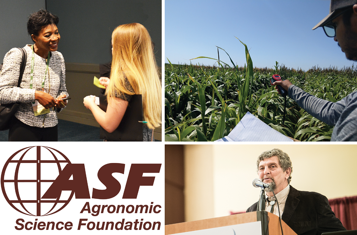 The Agronomic Science Foundation financially supports programs like the Golden Opportunity Scholars Intitute, which fosters the development of undergraduates in our sciences (top left). The foundation also supports awards like the Gerald O. Mott Meritorious Graduate Student Award in Crop Science, which Bishwoyog Bhattarai (top right) received earlier this year, as well as lectureships like the Betty Klepper Endowed Lectureship (bottom right).