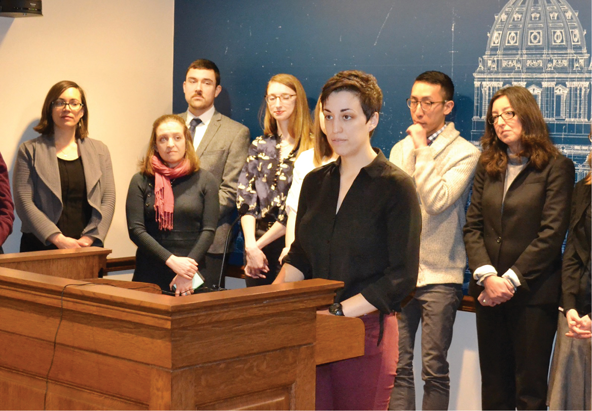 An agricultural science researcher describes a cross-sector collaboration (the Forever Green project) at a press conference in 2019. Photo courtesy of the Land Stewardship Project.