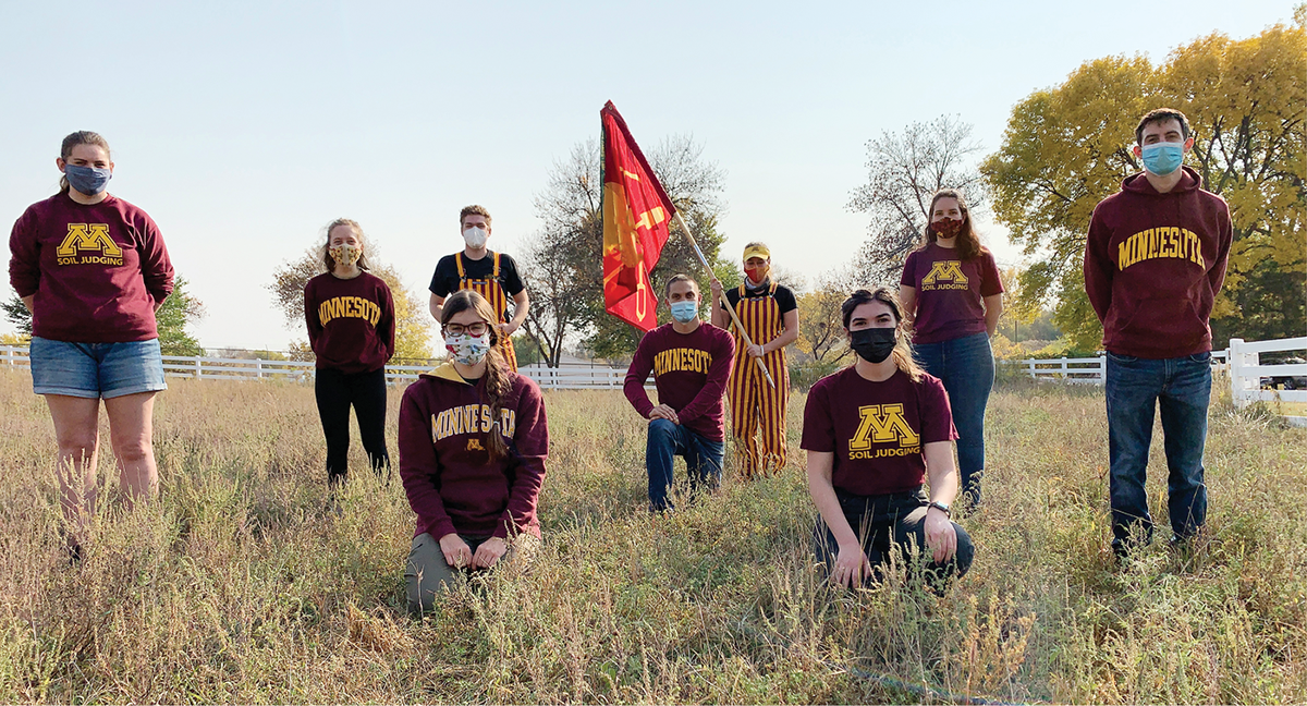 The winning team from the University of Minnesota; l to r: Hannah Anderson, Willa Nagel, Christina Berg (kneeling in front), Zack Pederson, Nic Jelinski (coach), Abbie Clapp, Geneva Nunes, Anjel Chavez, and Chris Macke. Not pictured: Aaron Hyams (could not participate due to COVID contact).