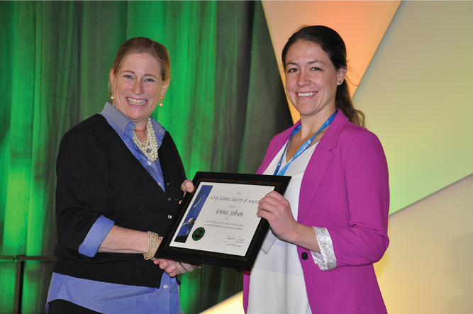 During the 2019 Annual Meeting in San Antonio, TX, 2019 CSSA President Elizabeth Guertal recognizes Crop Science Graduate Scholarship recipient Emma Jobson.