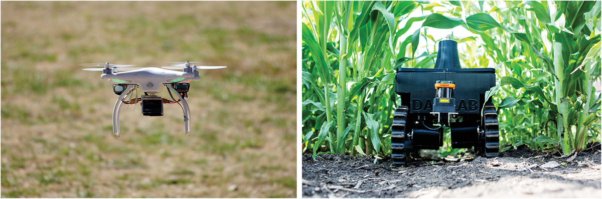 Sensors can be used alone or mounted on unmanned aerial vehicles (left), robot-assisted imaging platforms (right), or cable-suspended camera systems to take real-time images and measurements throughout the selected time duration. Photos courtesy of Flickr/Wil C. Fry (left) and Flickr/PETROSS, TERRA-MEPP & WEST (right).