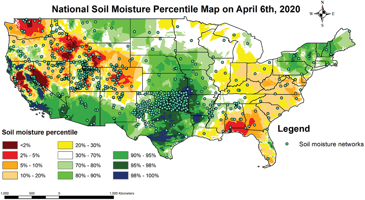 Example of a national soil moisture percentage map at 5 cm on 6 Apr. 2020. Image courtesy of Chen Zhao.