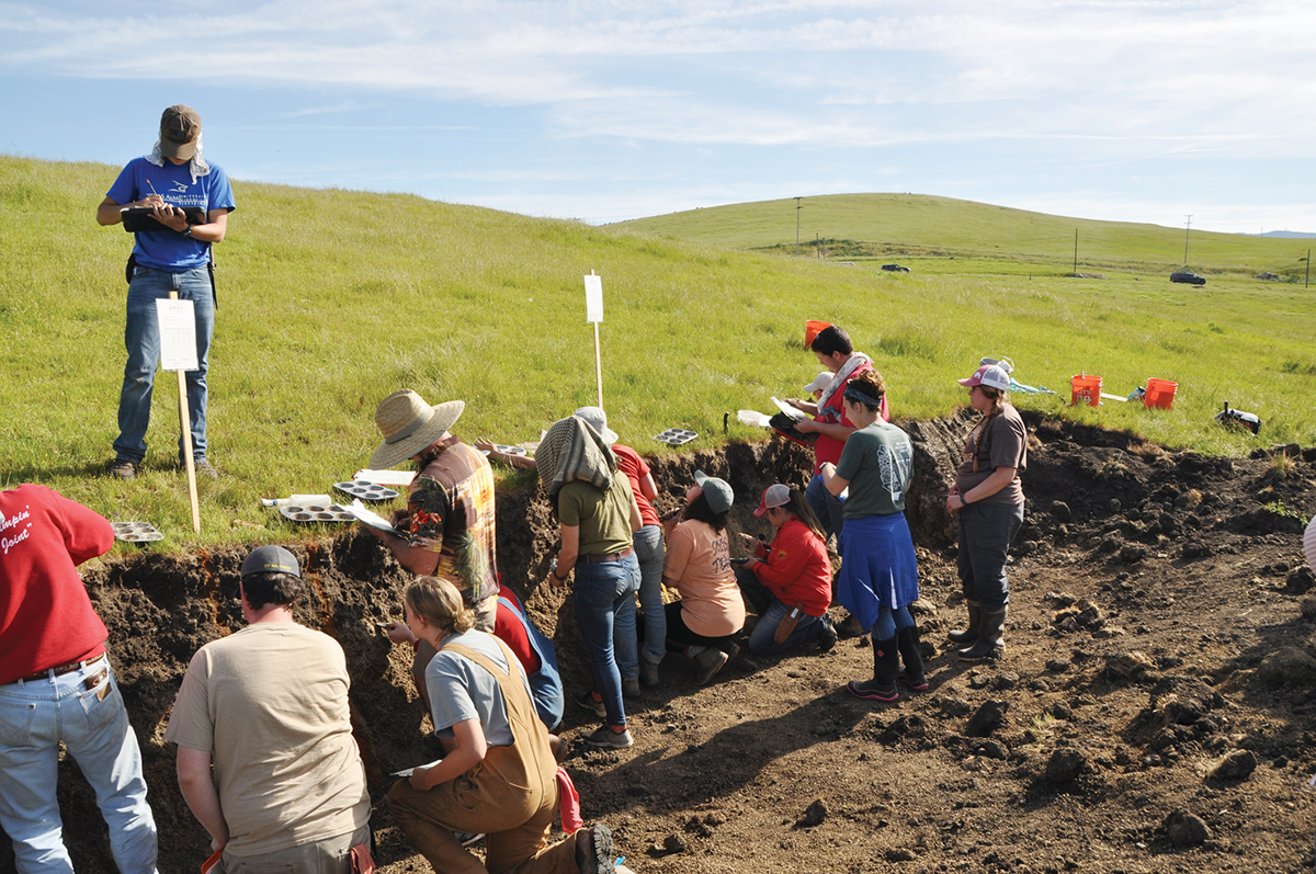 Student contestants examine a soil profile during competition at the 2019 National Collegiate Soils Contest at Cal Poly, San Luis Obispo. Photo by Connie Wong.