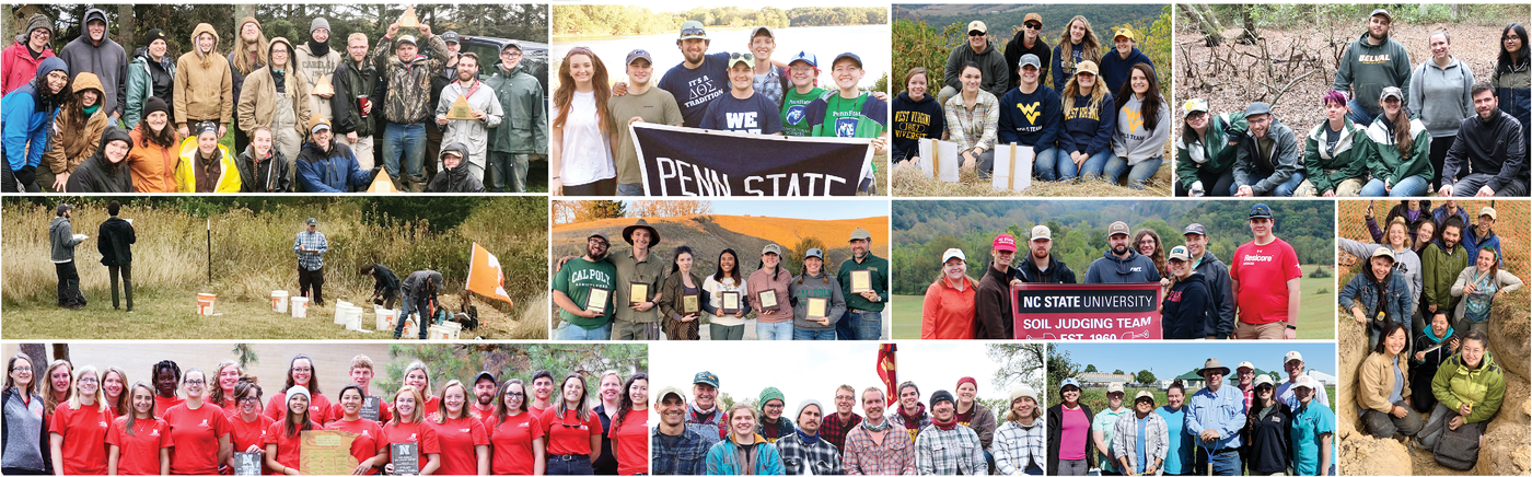 Members of soils judging teams from the following schools: (top row) University of Wisconsin-Stevens Point, Penn State, West Virginia University, Delaware Valley University, (middle row) University of Tennessee-Knoxville, Cal Poly, North Carolina State University, University of Maryland, (bottom row) University of Nebraska-Lincoln, University of Minnesota, and Texas Tech University.
