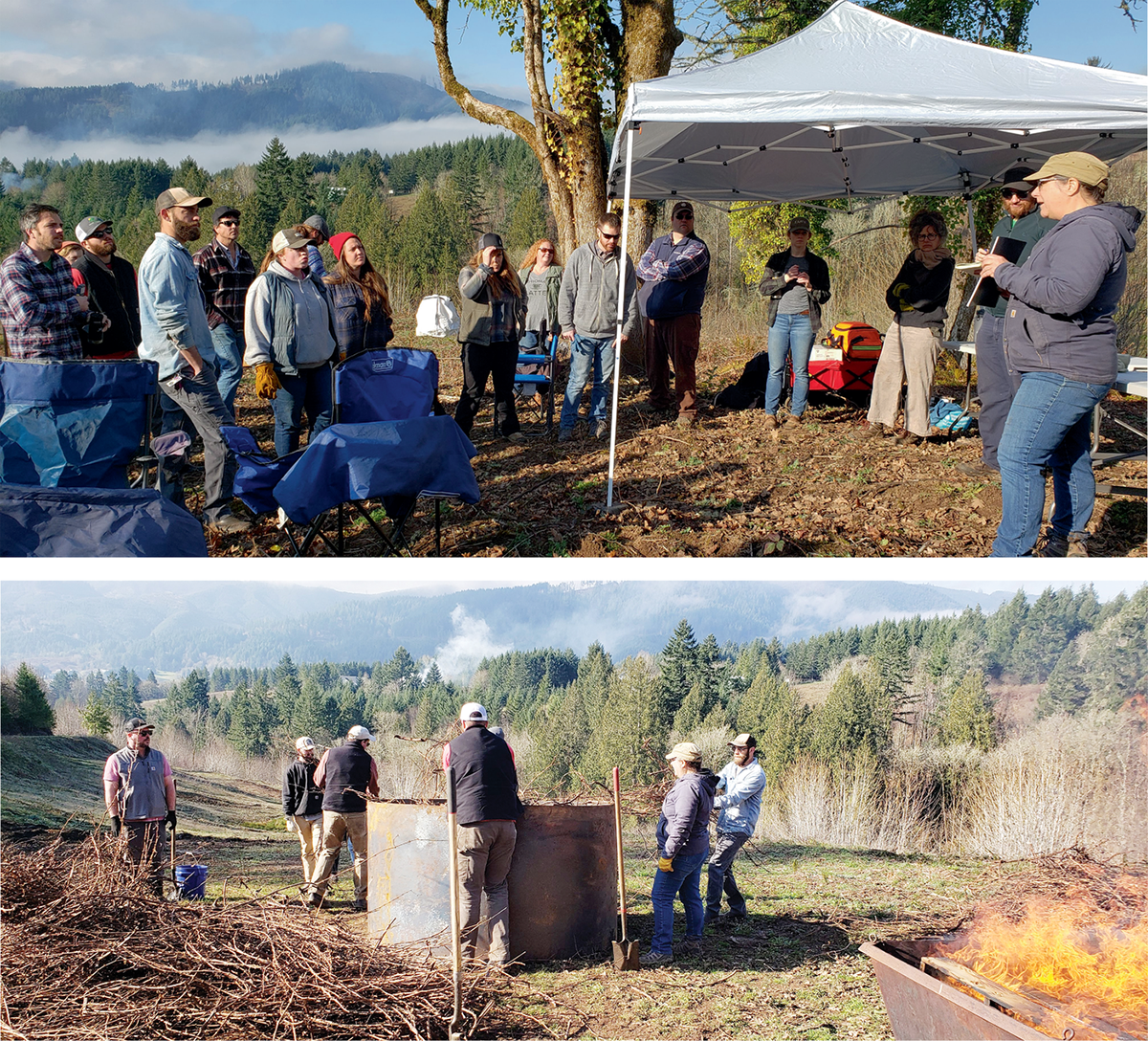 Engineers and U.S. Biochar Initiative board member Kelpie Wilson (Wilson Biochar Associates) conducting a workshop with vineyard managers on making biochar from prunings.