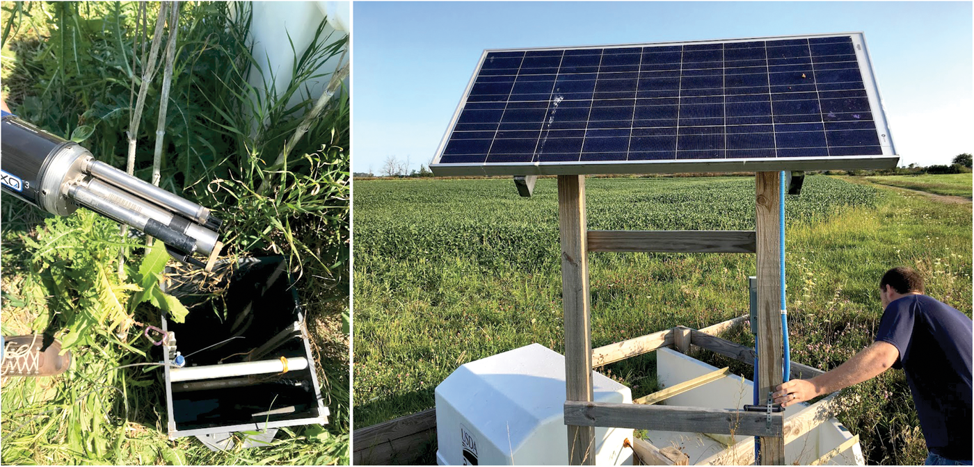 Left: Deployment of a YSI EXO 3 sonde in a drainage water management control structure. Right: Researcher at a USDA-ARS edge-of-field monitoring station. Photos courtesy of Saeid Nazari.