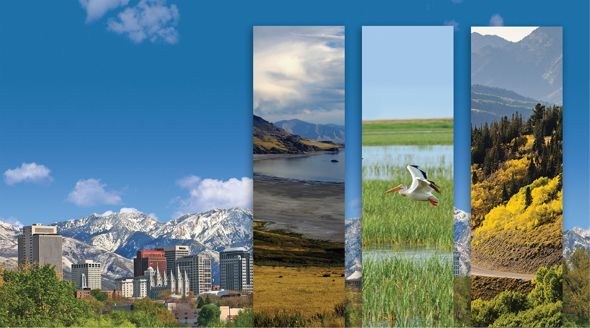 Backdrop image courtesy of Visit Salt Lake. Insets courtesy of (l to r): pixabay, Flickr/USFWS, and Visit Salt Lake.