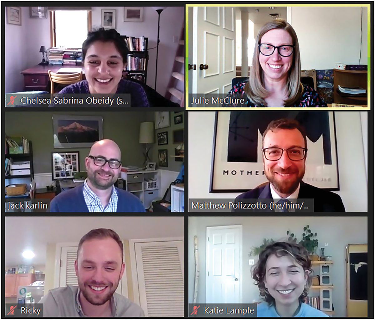 Chelsea Obeidy, Julie McClure, Matthew Polizzotto, and Jack Karlin meet with Richard Parker and Katie Lample from the office of Sen. Jeff Merkley (OR).