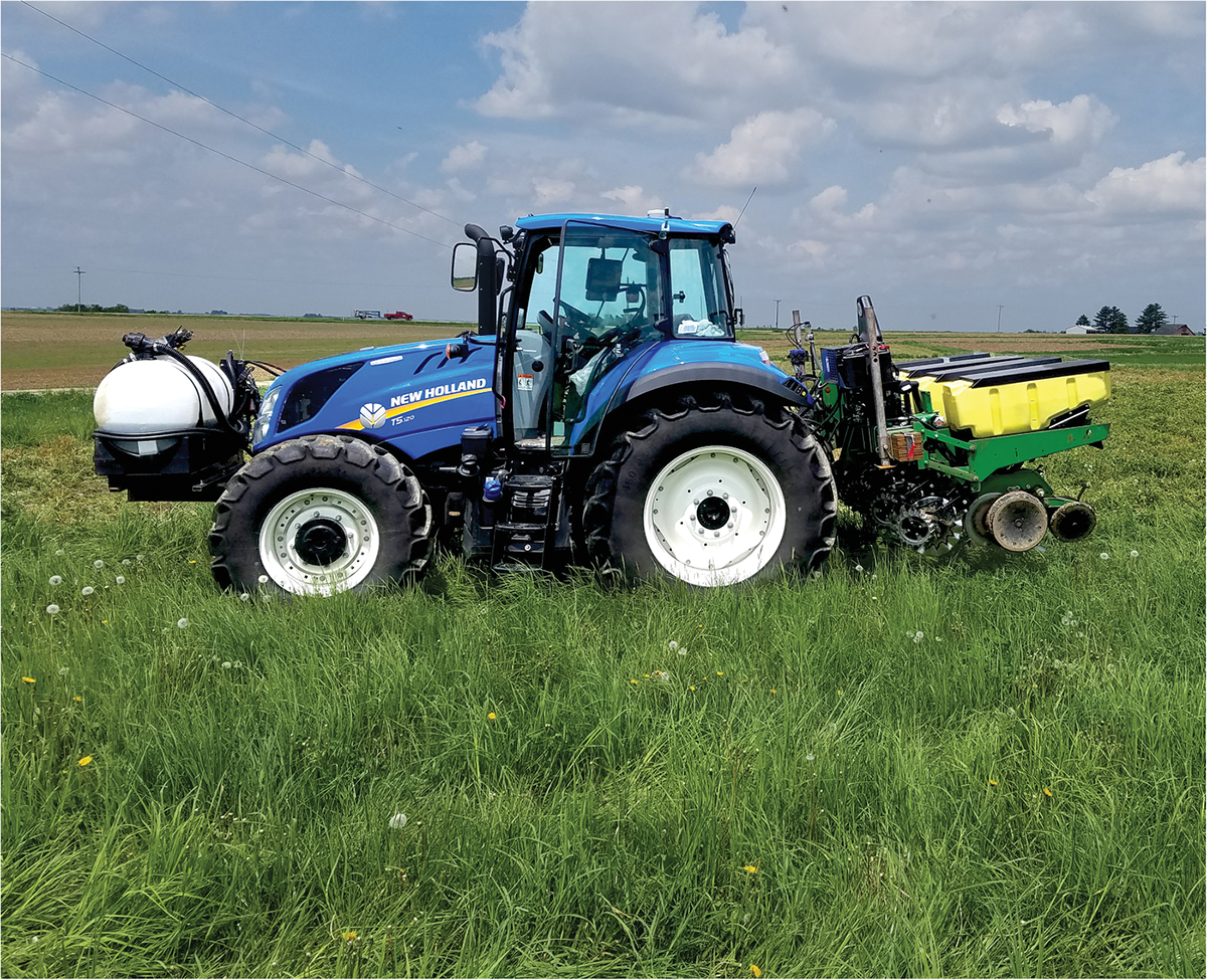 Research planter equipped with hydraulic row-unit downforce, various closing-wheel systems, and variable-rate starter fertilizer. Utilizing these technologies, planting corn in no-till production systems can help with emergence depending on soil conditions. Photo by Brian Luck.