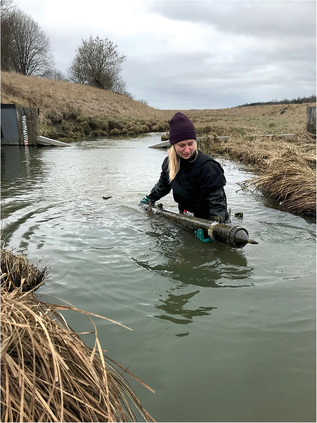 Emptying a fluvial suspended sediment sampler in one of the streams. Photo by Mikael Östlund.