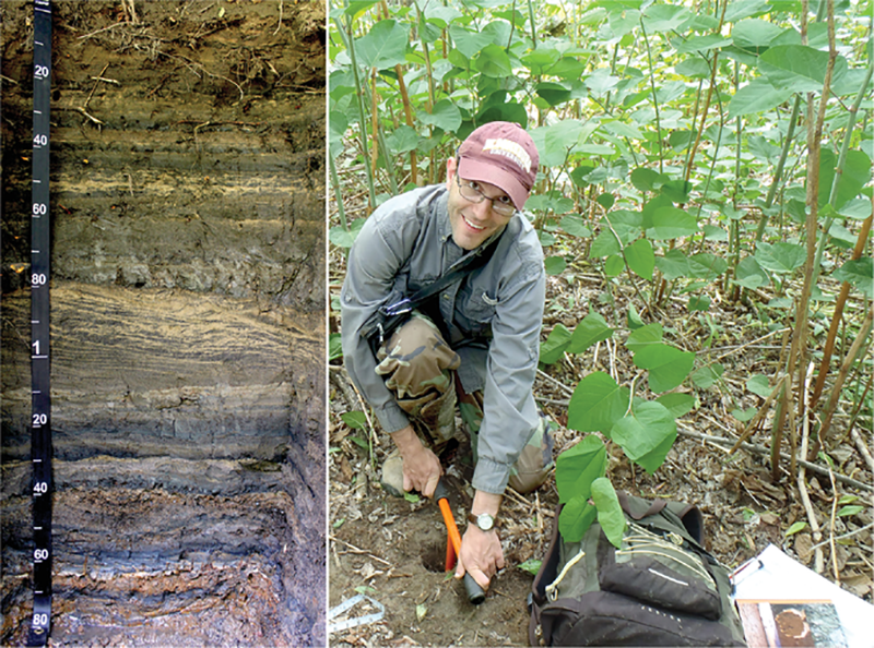 Left: Stratified alluvial anthracite coal in the floodplain of the North Branch of the Susquehanna River (tape scale in cm). Right: North Carolina State University Assistant Professor Matt Ricker uses a hand augur to collect deep alluvial soil samples. Photo courtesy of Matt Ricker.
