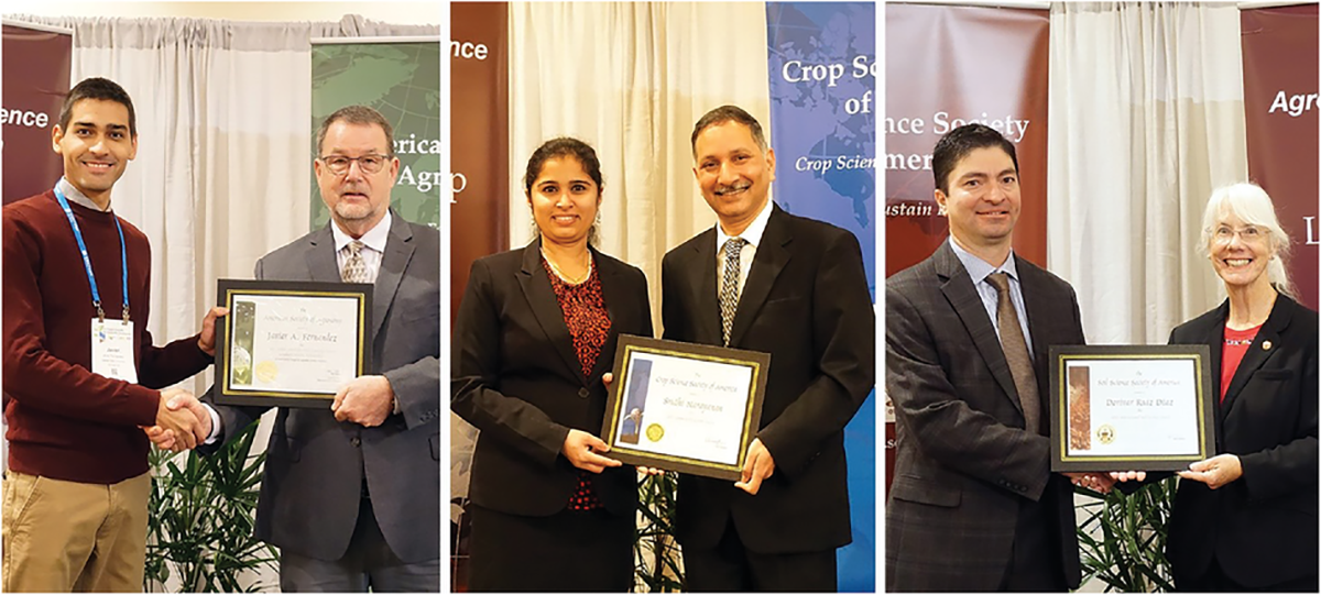 2021 Society presidents (from l to r, Jeff Volenec, Vara Prasad, and April Ulery) recognize 2021 award winners (l to r) Javier Fernandez, Sruthi Narayanan, and Dorivar Ruiz Diaz.
