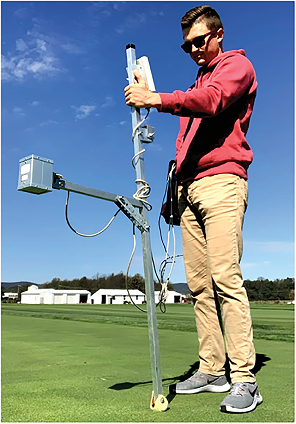 Graduate student Nate Leiby employing a multispectral radiometer to measure canopy reflectance.