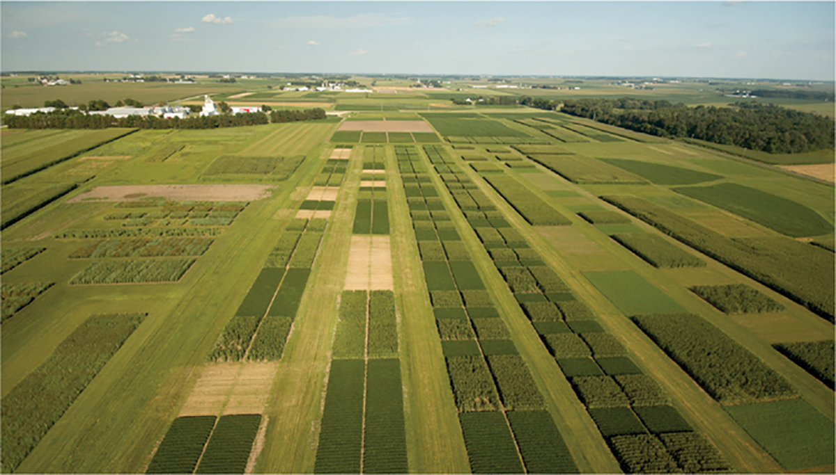 Aerial view of the long-term crop rotation study used for this research at the Arlington Agricultural Research Station in Wisconsin. Photo by John M. Gaska.