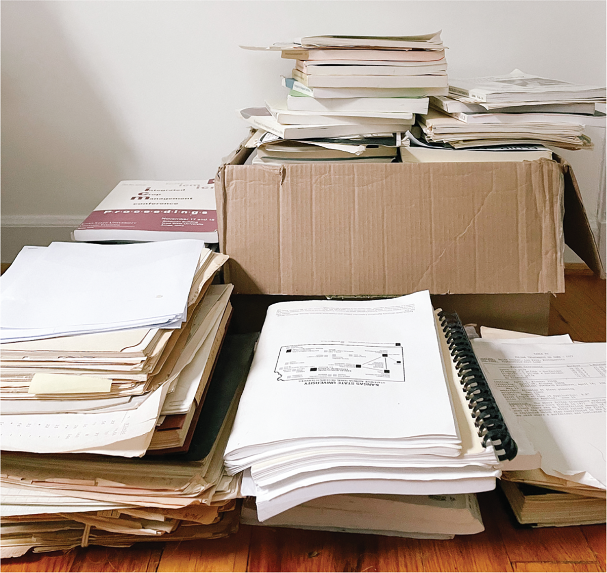 <em>Piles of old physical files that contain legacy data to be preserved in the FRST database and used in the decision support tool. Much of the original correlation/calibration work conducted around the U.S. is unpublished, not digitized, and risks being thrown away as soil fertility faculty retire and empty their filing cabinets. The FRST team is collecting as much of this data as possible from both electronic and physical files from soil fertility faculty around the country. </em> Photo by Sarah Lyons.