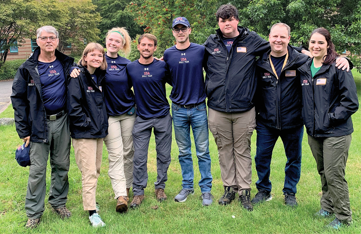 The U.S. contingent to the Fourth International Soil-Judging Contest (l to r): Coach John Galbraith, Kennadi Griffis, Clare Tallamy, Ben Atkins, Isaac Nollen, Curtis Murphy, Brian Needelman, and Coach Jaclyn Fiola. Not pictured: Maxine Levin.