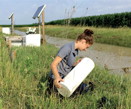 Katie Rumora, USDA-ARS Support Scientist, collects data from an edge-of-field monitoring site in Ohio. Photo by Jed Stinner (USDA-ARS).