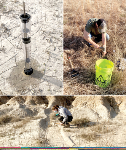 Clockwise from top: A mini disk infiltrometer measures infiltration of water into soil in the disturbed area, Texas A&M University grad- uate student Parker Murphree collects soil samples to determine soil texture, and Texas A&M University graduate student Steph- anie DeVillenueve measures soil erosion in an area where a large amount of soil was previously removed. Photos by Briana Wyatt.