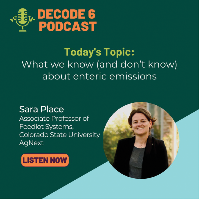 The Societiesâ Decode 6 (www.decode6.org) project is one embodiment of addressing climate issues. This is a promotional graphic of a recent Decode 6 podcast on enteric methane emissions.