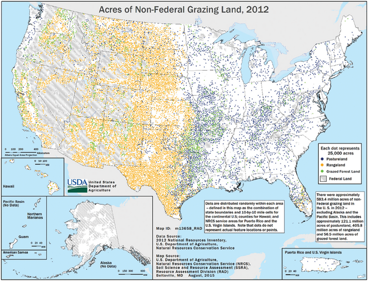 Extensive nonâfederal grazing lands (including pasturelandâblue dots, rangelandâorange dots, and grazed forest landâgreen dots) in the United States totaling 236.3 million hectares (584 million acres in 2012). Source: âPractical Considerations for Adaptive Strategies by U.S. Grazing Land Managers with a Changing Climate,â by Justin D. Derner et al. (https://doi.org/10.1002/agg2.20356).