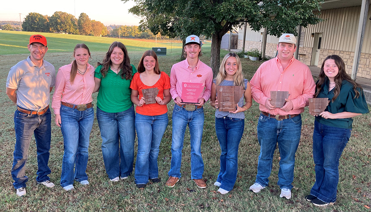 Oklahoma State University, coached by Dr. Daniel Adamson (far left), finished first at the 2025 Region 4 Collegiate Soil Judging Contest on October 9 in Benton County, Arkansas.