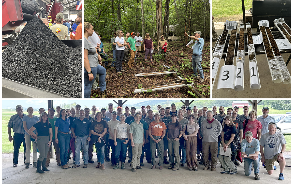 Scenes from 2025 Pennsylvania Soils Conference in June 2025—top left: Biochar production at Metzler's Forest Products in Mifflin County, PA. Top center: Dr. Patrick Drohan, Penn State University, explaining the effect on soils of Pennsylvania’s history of charcoal hearths for iron ore production. Top right: Soil monoliths from Greenwood Furnace State Park charcoal hearths, Huntingdon County, PA. Bottom: Group picture of attendees.