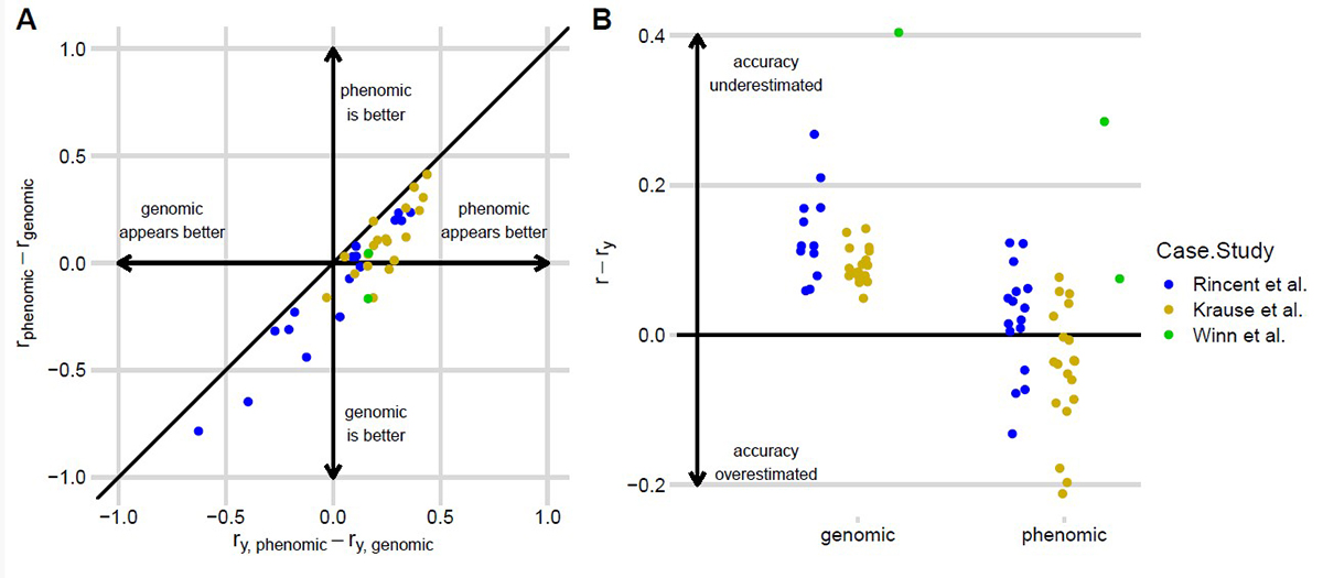 Predictive ability overestimates the relative accuracy of phenomic prediction (PP) versus genomic prediction (GP) models. Colored dots correlate with different traits tested in each case study. (A) Differences between estimated PP and GP accuracies are plotted against their estimated predictive abilities. Points to the right of the line are where the accuracy of these PP models tends to be overestimated compared with GP models, even when the PP models are actually less accurate (lower right quadrant).