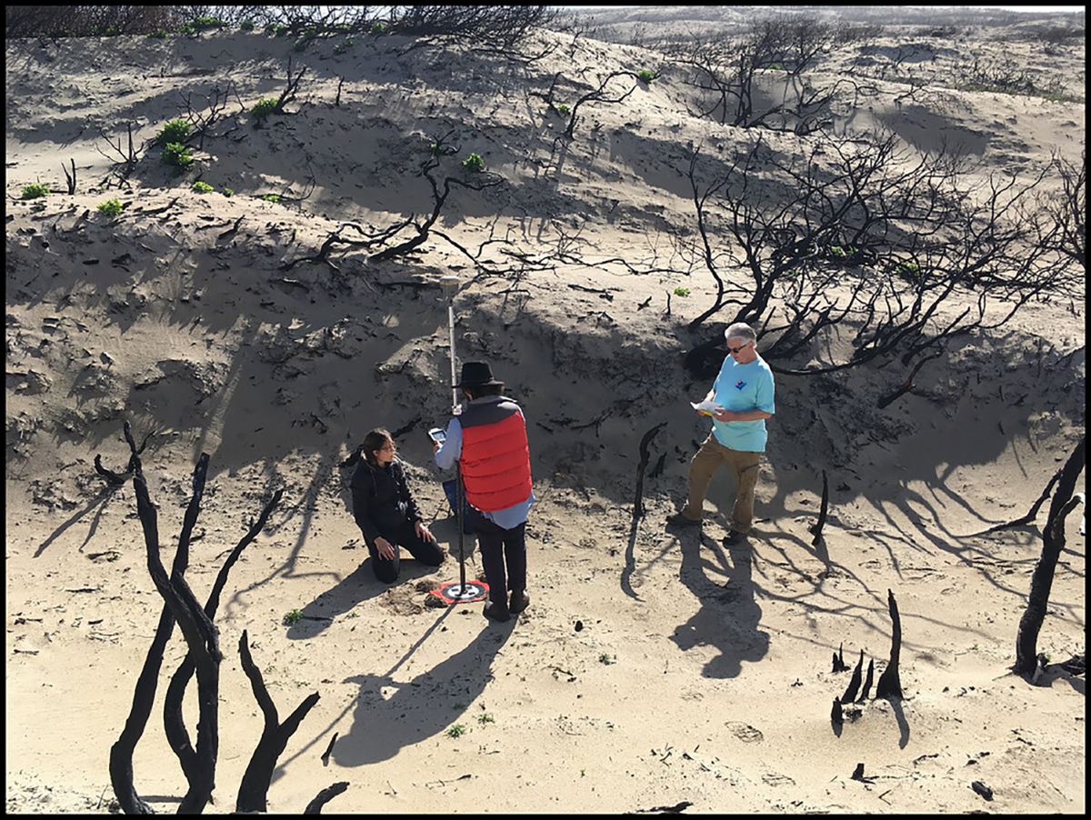 Undergraduates require access to authentic field environments to learn effectively. An undergraduate student (left) assists a Ph.D. candidate (center) deploying targets prior to a UAV (drone) aerial imagery survey, under the guidance of an expert geospatial scientist (right), in coastal dunes on Kangaroo Island after a significant bushfire. Photograph by A. Turner.