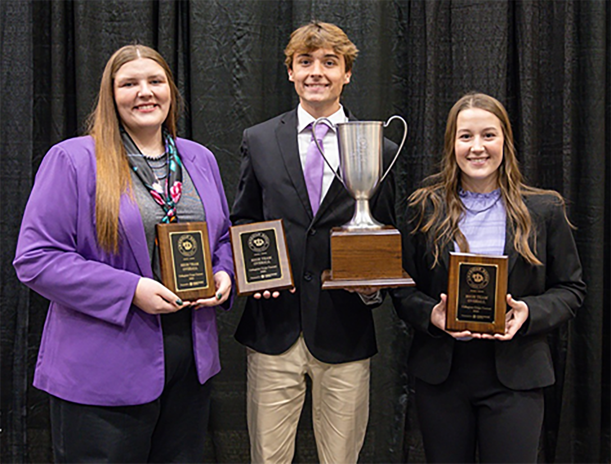 Kansas State took first place in the both the Kansas City and Chicago Collegiate Crops Contests in 2025. From left to right: Ella Pachta, Collin Mills, and Karlie Albright.