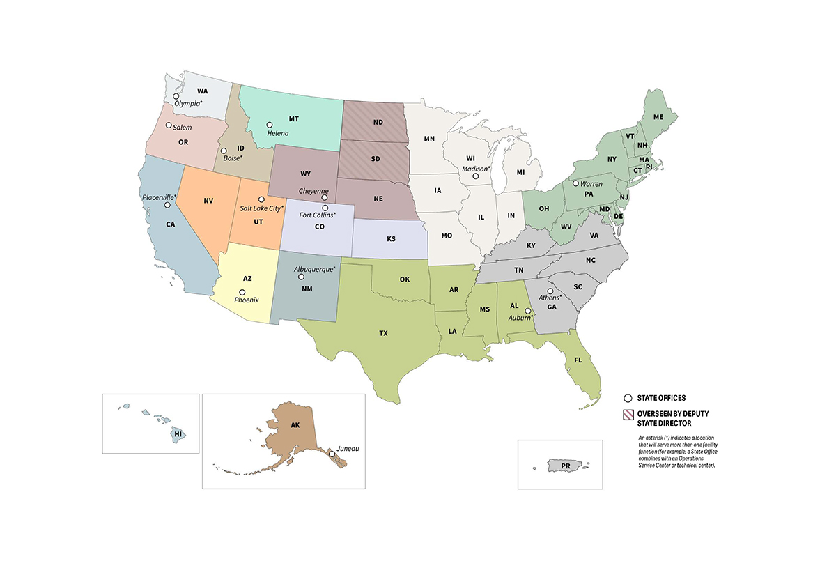 The U.S. Forest Service will move from 10 regional centers to a state-based organizational model at 15 locations overseeing one or more states. The headquarters will be in Salt Lake City, UT. 