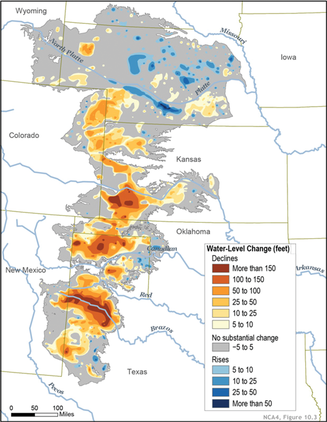 Changes totheOgallalaAquifer since 2015,mappedby color.Declining levels appear in red and orange, and rising water levels appear in blue. Gray areas showed no significant change. The market value of agricultural products produced in the Ogallala region total $35 billion in 2007, and climate change and water overuse threaten the viability ofthose systems. Image courtesy of Climate.gov.