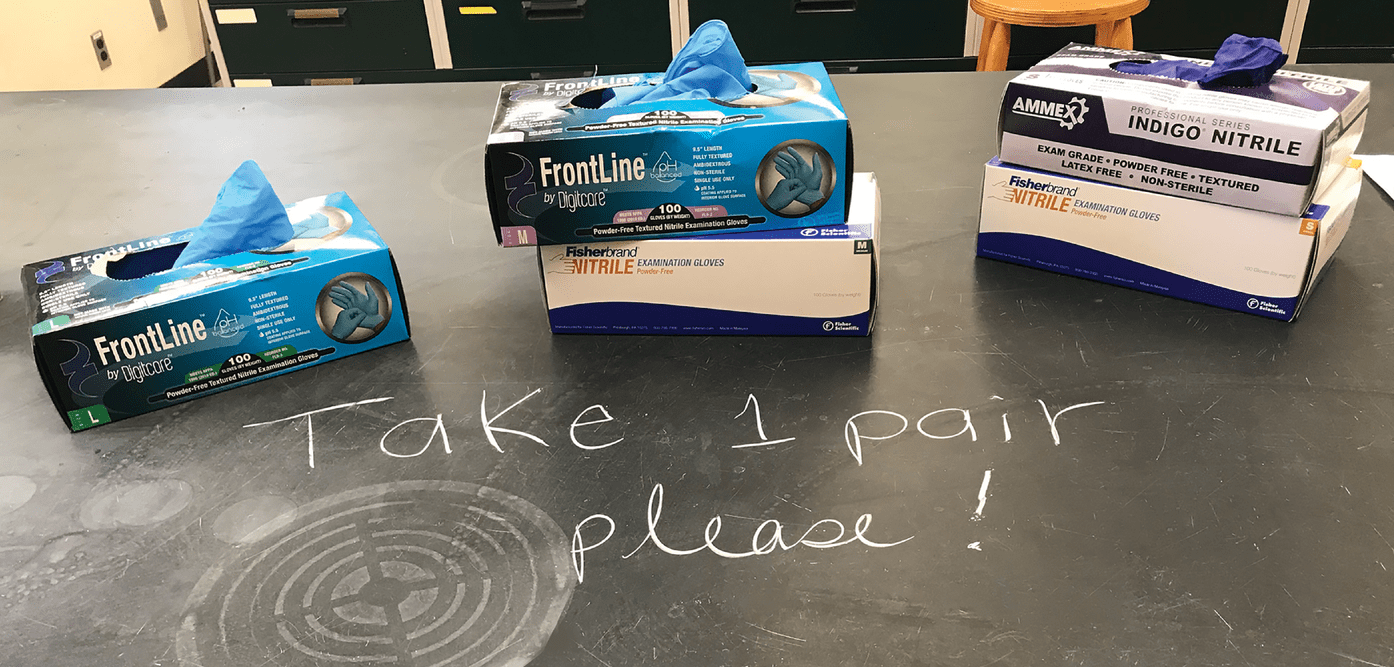 In the self-guided learning labs studied in âStudent Perception and Performance with Self-Guided Learning in Soil Science Laboratory Courses,â students picked up materials and tools, including gloves pictured here, before completing the lab. Photo courtesy of Hannah Angel.