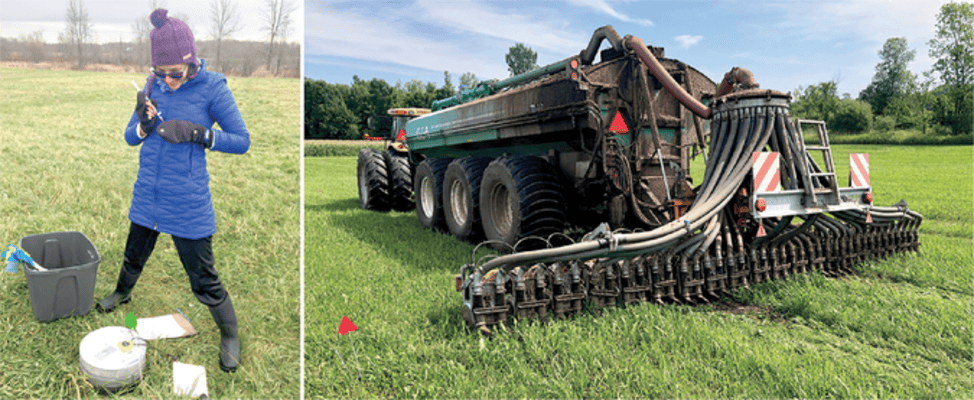 Left: Sarah Brickman, a master’s student at the University of Vermont, injects a greenhouse gas sample into a glass vial at Borderview Research Farm in Alburgh, VT. Photo by Karin Rand. Right: A Veenhuis Euroject 1200 grassland injector applies manure to a subplot at the farm. Photo by Sarah Brickman.