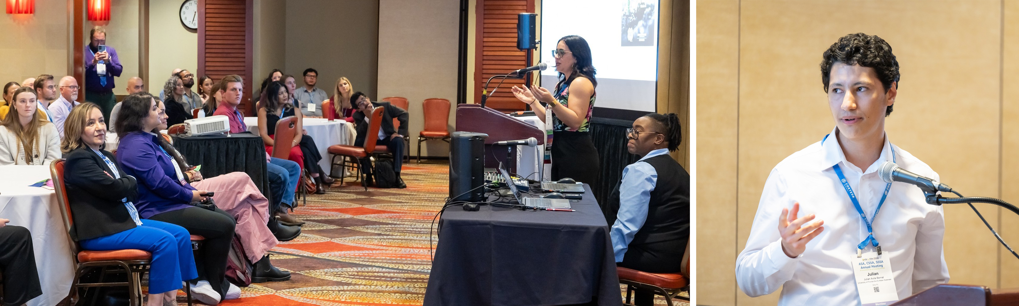 Caption: Students present their research in five-minute rapid talks in Spanish with bilingual slides. On the left is Patricia Marie Cordero-Irizarry, Mississippi State University, presenting her talk “De Los Ladrillos Al Suelo: Desarrollo Del Currículo De Suelos Del 4-H LEGO® Club.” On the right is Julian Avila Bernal, University of Florida, presenting his talk “Impacto De Diversas Prácticas De Conservación En La Productividad De Pastizales y Emisiones De Gases De Efecto Invernadero.”
