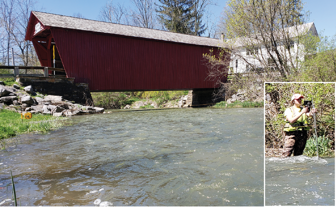 USGS hydrologist Hilary Dozier measures streamflow above a covered bridge along Fishing Creek in Pennsylvania. Photo by John Clune, USGS.