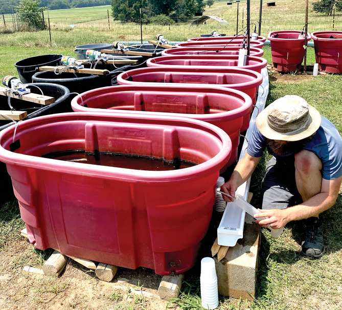The experimental setup for testing the nutrient removal potential of woodchip bioditch reactors at the Arkansas State University Farm Complex in Jonesboro, AK. Photo by Jerry Farris.