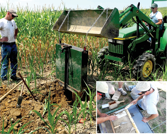 Justin Dillon (formerly of Penn State, now with Corteva Agrisciences) supervises the removal of a monolith soil sample by Dave Otto of USDA-ARS from corn where dairy manure injection had occurred. Inset: Lou Saporito (left) and Pete Kleinman of USDA-ARS use special tools to remove soil samples from the larger monolith sample. Photos by Robert Meinen.