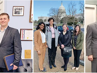 Left: Pennsylvania CCA Eric Rosenbaum, CPSS Tracey Olexa, Rep. GT Thompson (PA), and Oklahoma State University student Ryan Bryant-Schlobohm. Middle: Tuskegee University student Adrianne Brown, North Carolina State University student Janel Ohletz, and Beth Guertal (past president of CSSA) and Audrey Gamble (CCA) of Auburn University. Right: Montana CCA Matthew Walker; ASA, CSSA, and SSSA staff member Katie Reiels; and South Dakota State University students Kyla Dendinger and Cole Berkley with Sen. John Thun