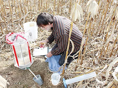 The Cornell Sprinkle Infiltrometer can be used to measure wet aggregate stability. Photo courtesy of Robert Schindelbeck, Director, Cornell Soil Health Laboratory.