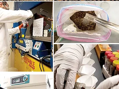 Clockwise from top: collecting a Walla Walla silt loam soil, removing moisture from biosolid samples in a drying oven, mixing biosolids with soil for incubation, extracting sulfate with calcium phosphate, incubating biosolid-treated soils, and grinding biosolids with a Wiley mill.