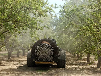 Nutrient foliar spray in an almond orchard. Photo courtesy of Alamy/Leonard F Wilcox.