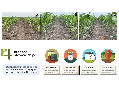 Examples of corn K deficiency across different soil test K levels (A = 76 ppm, B = 103 ppm, and C = 127 ppm). These images highlight the importance of building soil test K to critical concentrations and maintaining levels within the optimum range to reduce deficiency risk and the likelihood of yield response to fertilization.